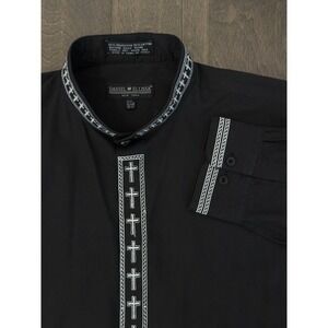 Daniel Ellissa Men's Black Clergy Shirt White Cross Embroidery Convertible Cuffs
